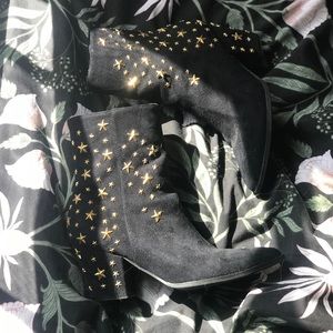 Black Suede Boots with Gold Star Studs
